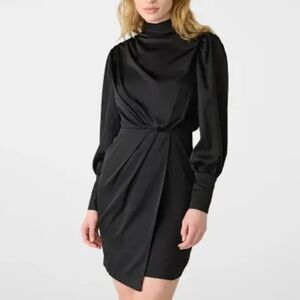 Karl Lagerfeld Paris Black Satin Mock Neck Draped Mini Dress 10
